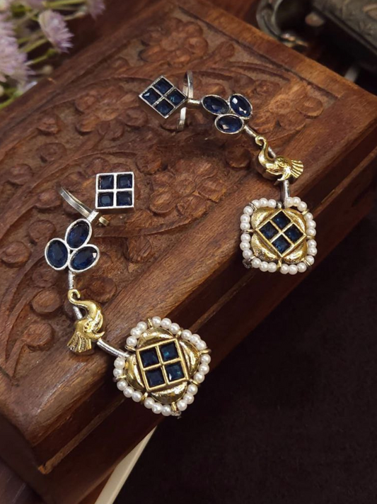 Traditional Blue Stones Dual Tone Oxidised Earcuff Earrings