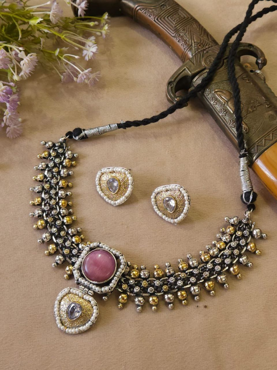 Buy Traditional Dual Tone Oxidised Baby Pink Stone Choker Necklace Set Online - TheJewelbox