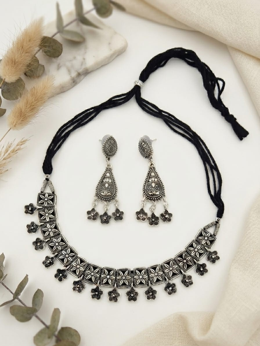 Buy Traditional Floral Oxidised Silver Choker Necklace Set Online in India