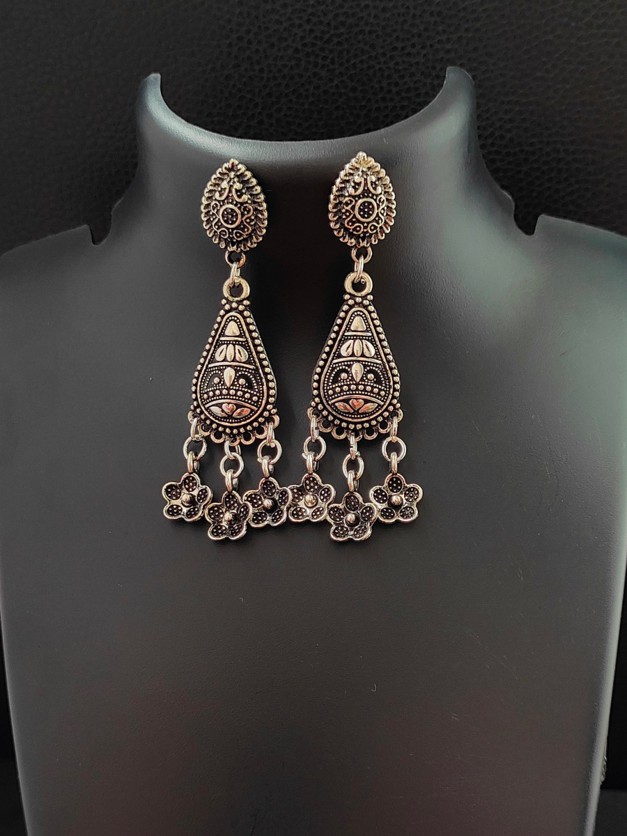 Floral Hanging Oxidised Silver Earrings