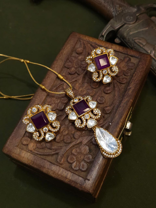 Traditional Gold Plated Purple Stone Pendant Chain Necklace Set