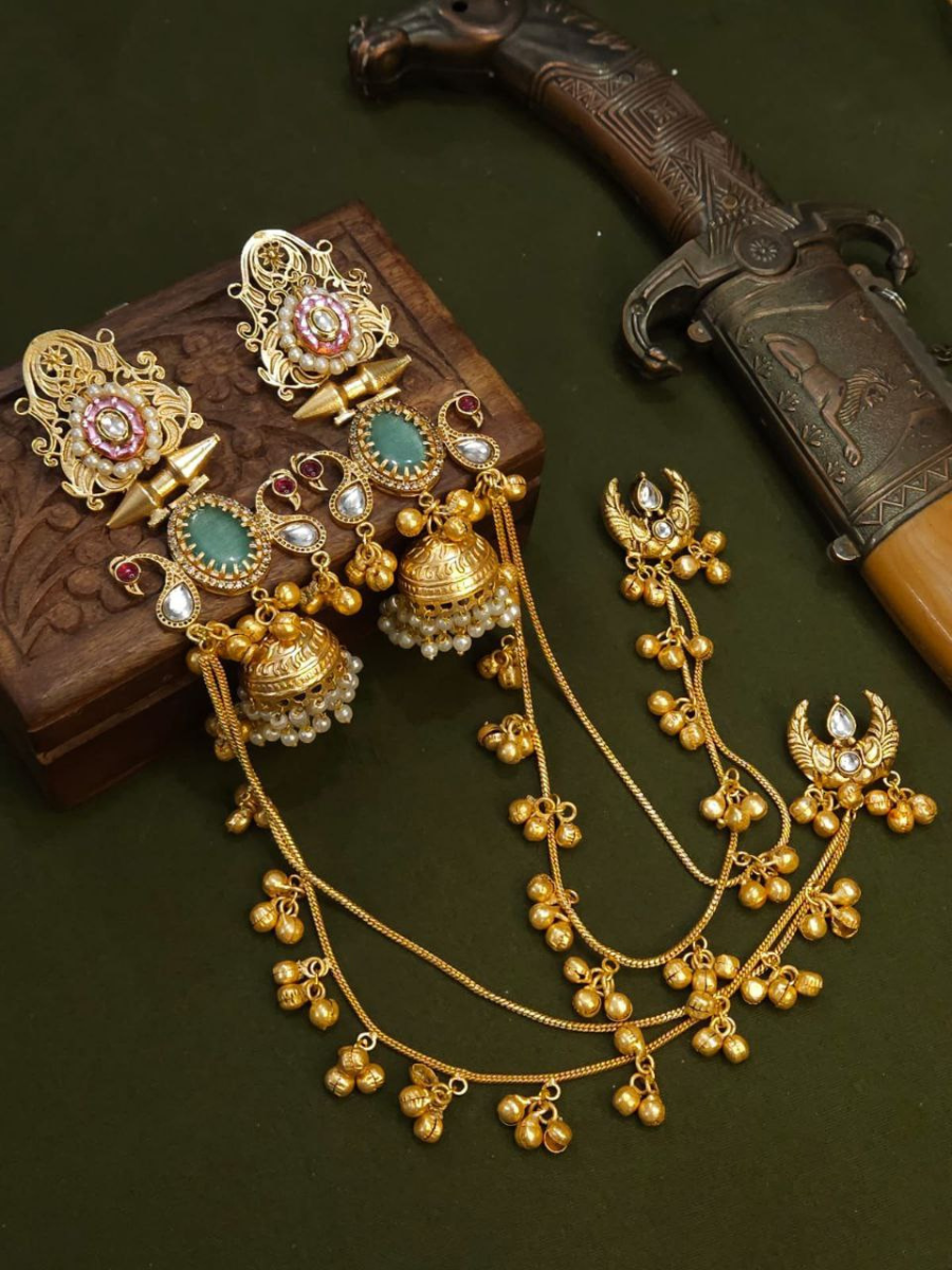 Buy Traditional Green Stone Golden Long Jhumka with Earchain Online - TheJewelbox