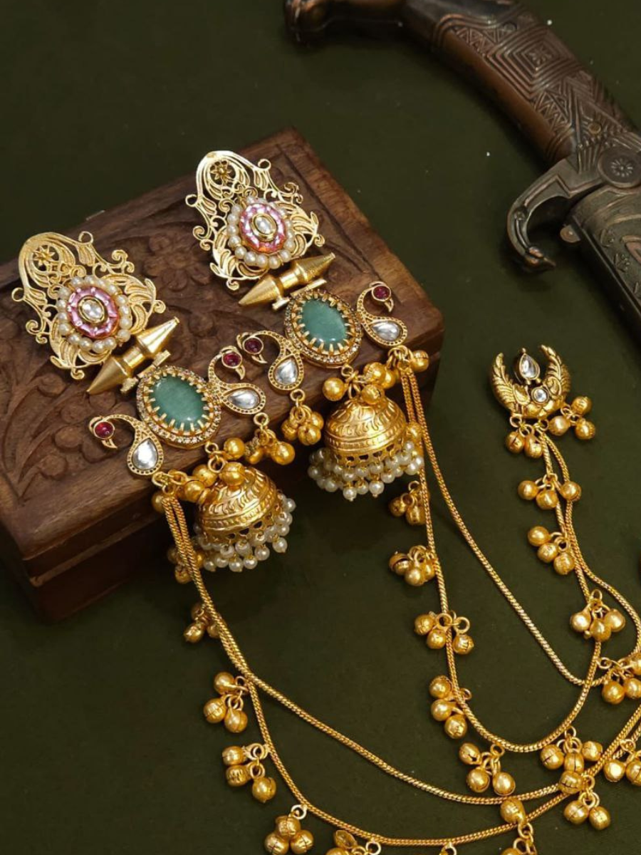 Traditional Green Stone Golden Long Jhumka with Earchain