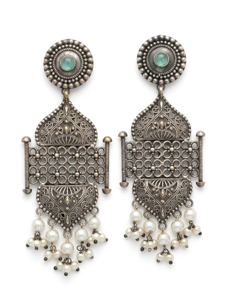 Traditional Green Stone Oxidized Statement Earrings