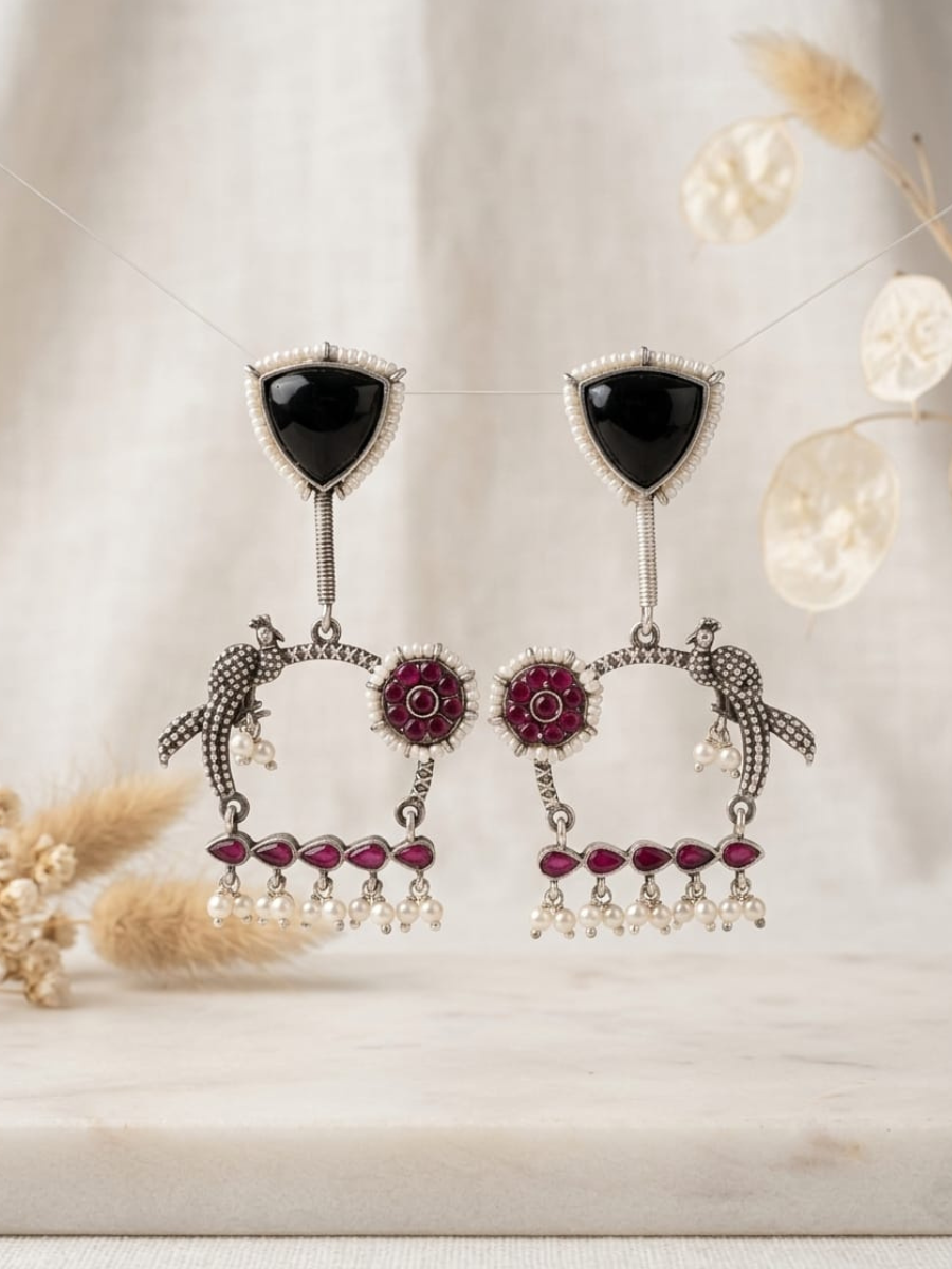 Buy Traditional Oxidised Red Black Peacock Drop Earrings Online in India