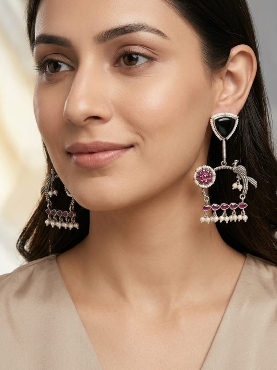 Buy Traditional Oxidised Red Black Peacock Drop Earrings Online in India