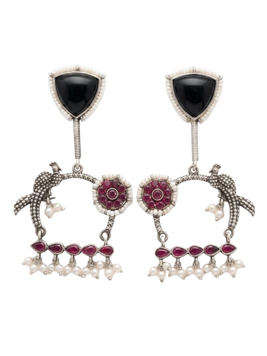 Traditional Oxidised Red Black Peacock Drop Earrings