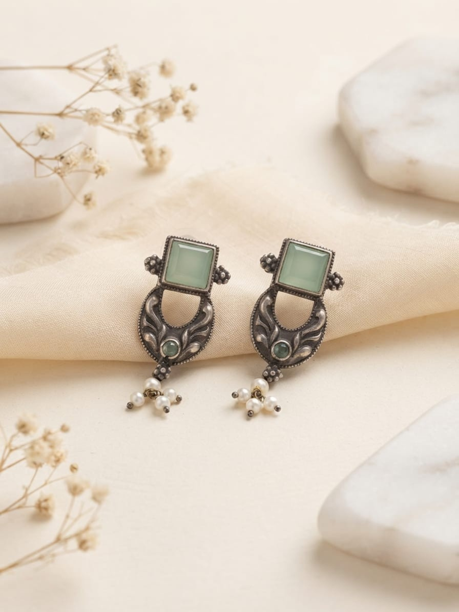 Traditional Oxidised Sea Green Stone Stud Earrings