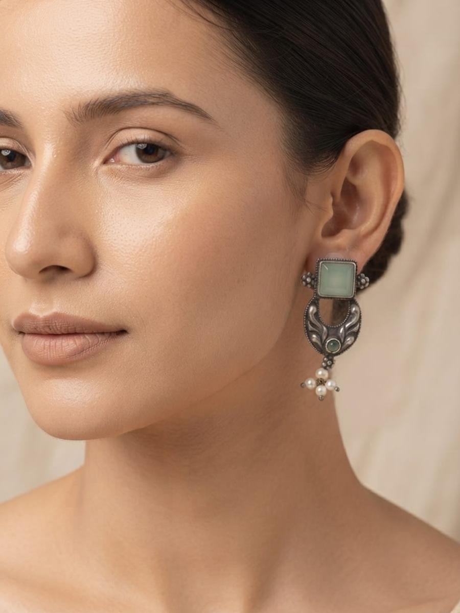 Oxidised silver green stone drop earrings