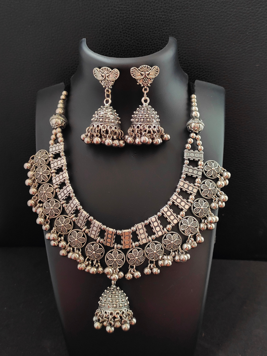 Buy Traditional Oxidised Silver Gungroo Choker Necklace Set - TheJewelbox