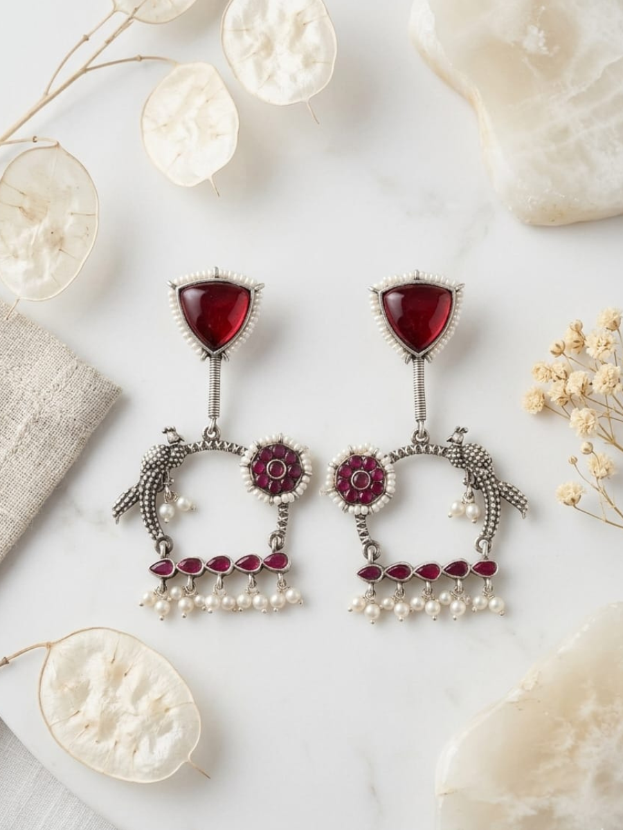 Buy Traditional Red Stones Peacock Motif Oxidised Earrings Online in India