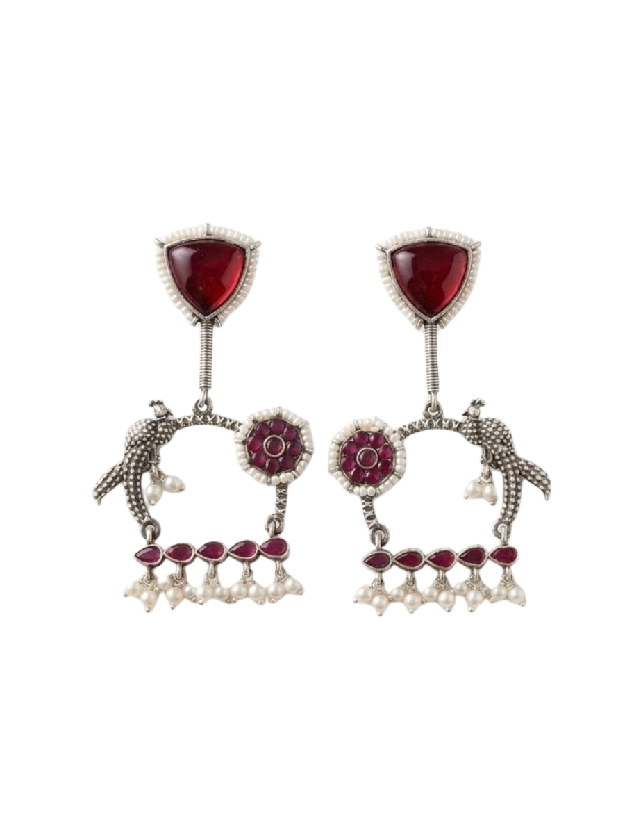 Traditional Red Stones Peacock Motif Oxidised Earrings