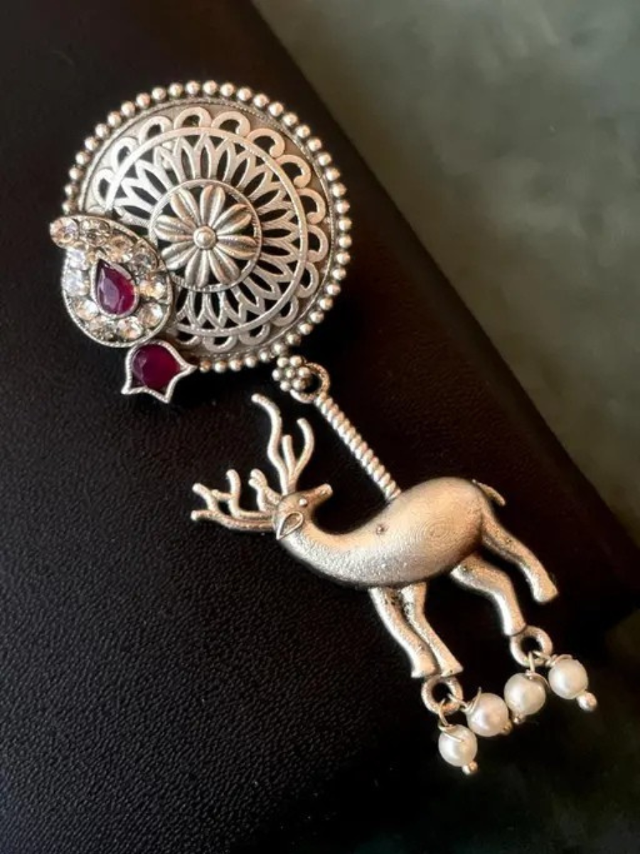 Traditional Ruby Red Stone Oxidised Silver Deer Dangler Earrings