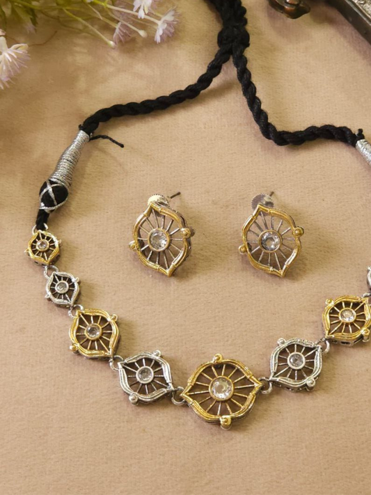 Traditional White Stones Dual Tone Oxidised Necklace Set
