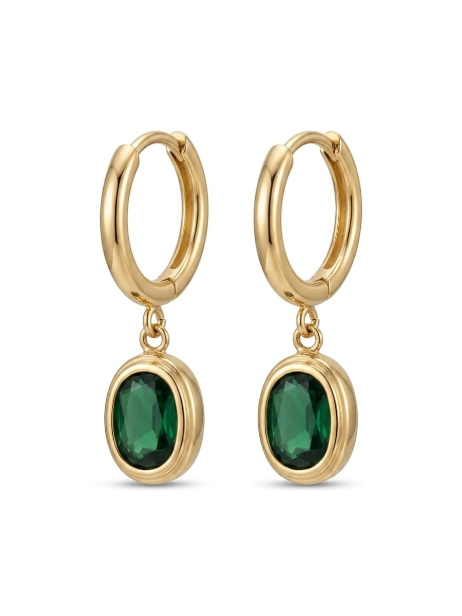 Trendy Green Stone Oval Drop Golden Huggie Hoop Earrings