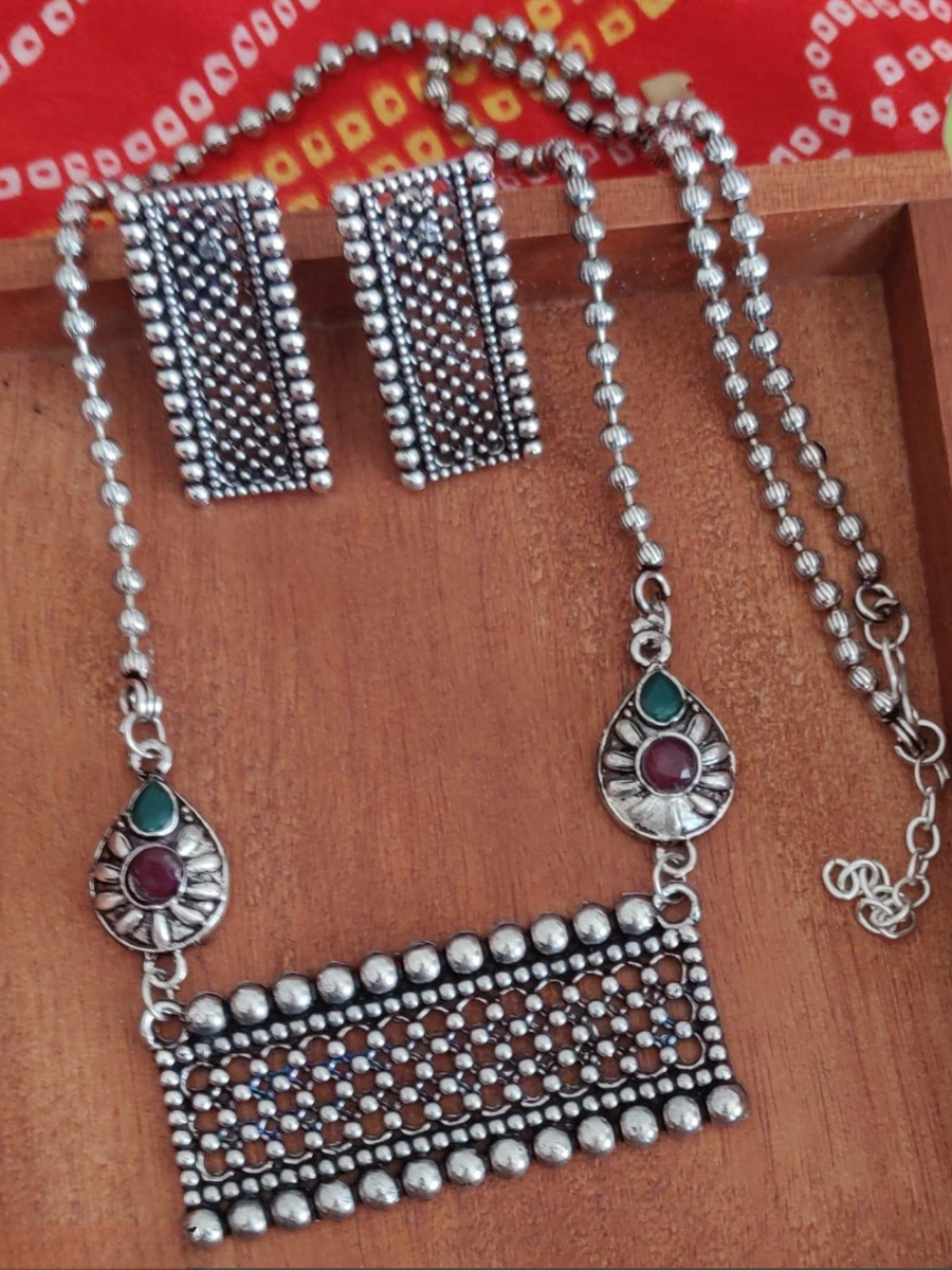 Trendy Long Oxidised Chain Necklace with Earrings