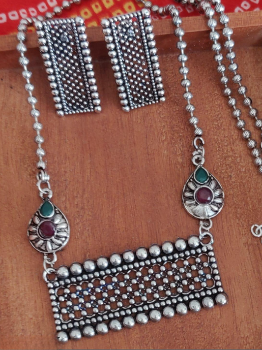 Trendy Long Oxidised Chain Necklace with Earrings