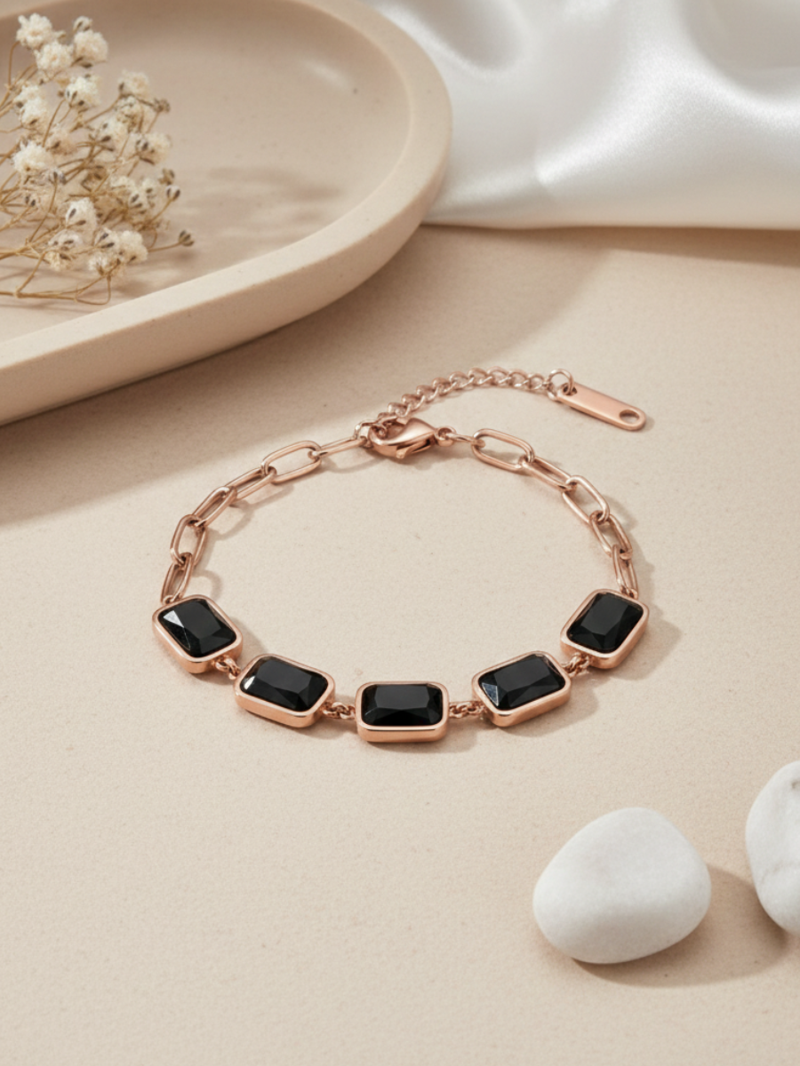 Trendy Paperclip Chain Rose Gold Black Stone Bracelet
