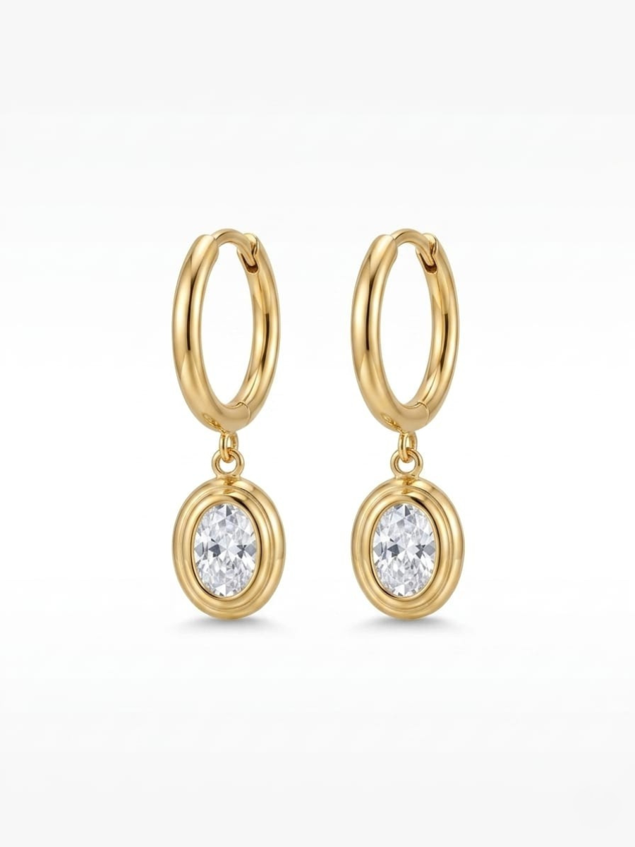 Trendy White Stone Oval Drop Golden Huggie Hoop Earrings