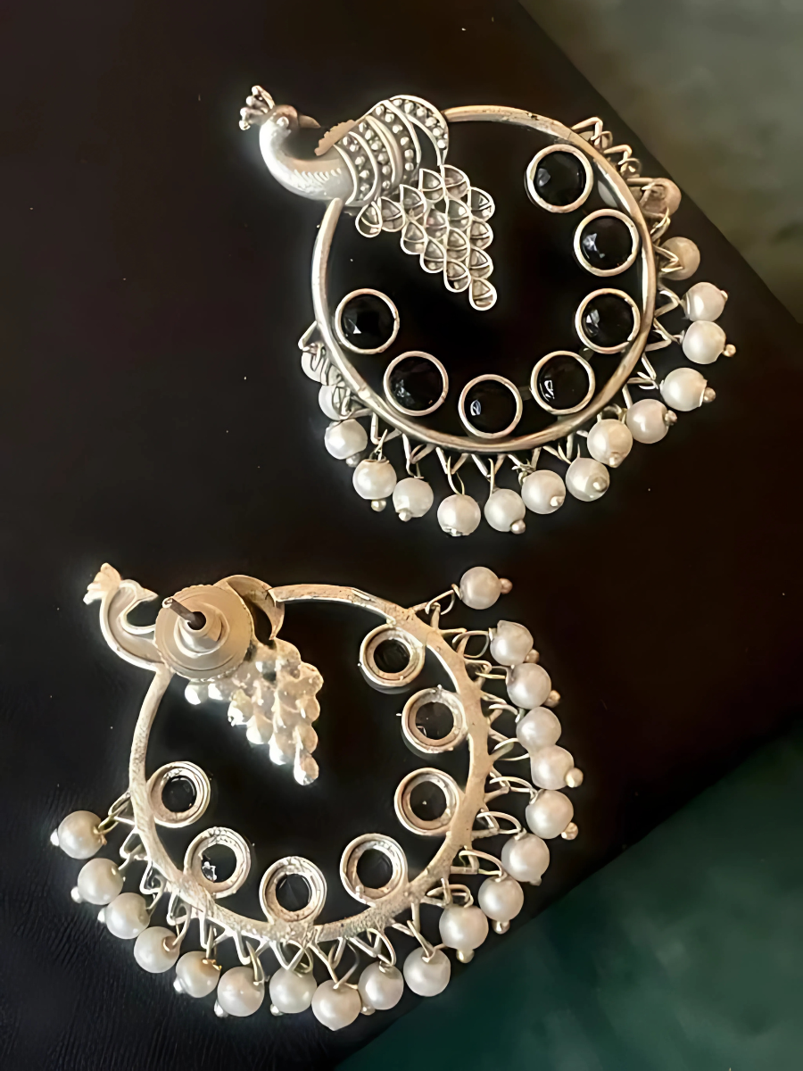 Oxidised Silver Tribal Black Stones Peacock Hoop Earrings