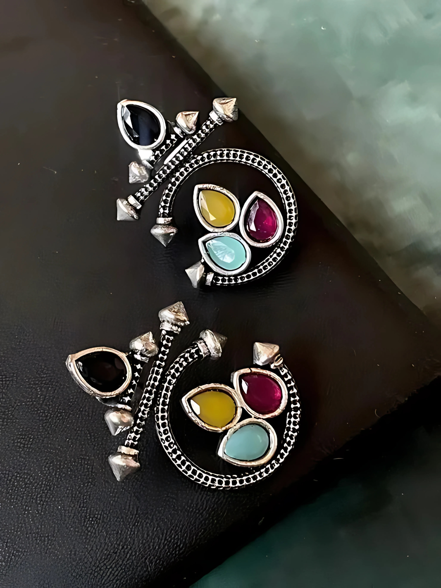 Buy Tribal Multicolor Stone Oxidised Silver Stud Earrings Online - TheJewelbox