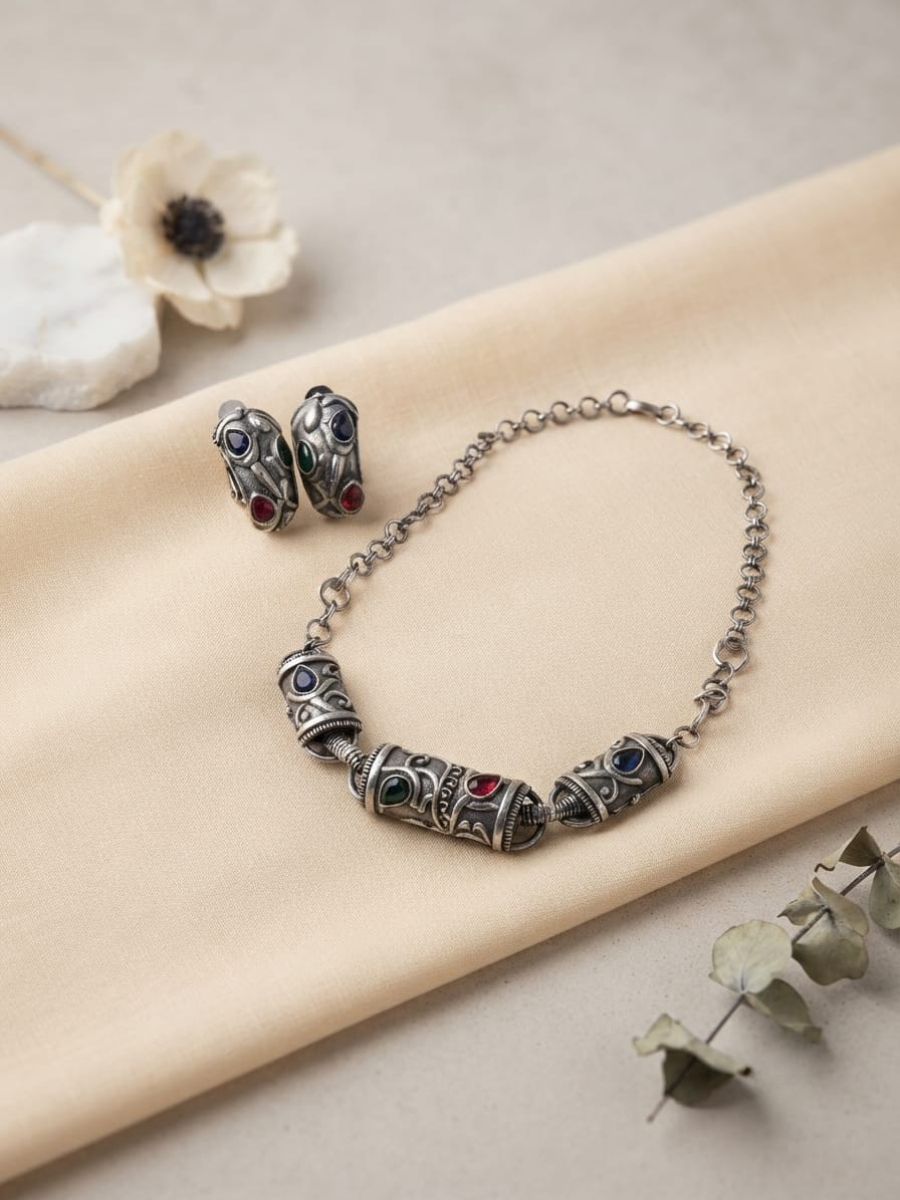 Tribal Oxidised Silver Stone Statement Choker Set
