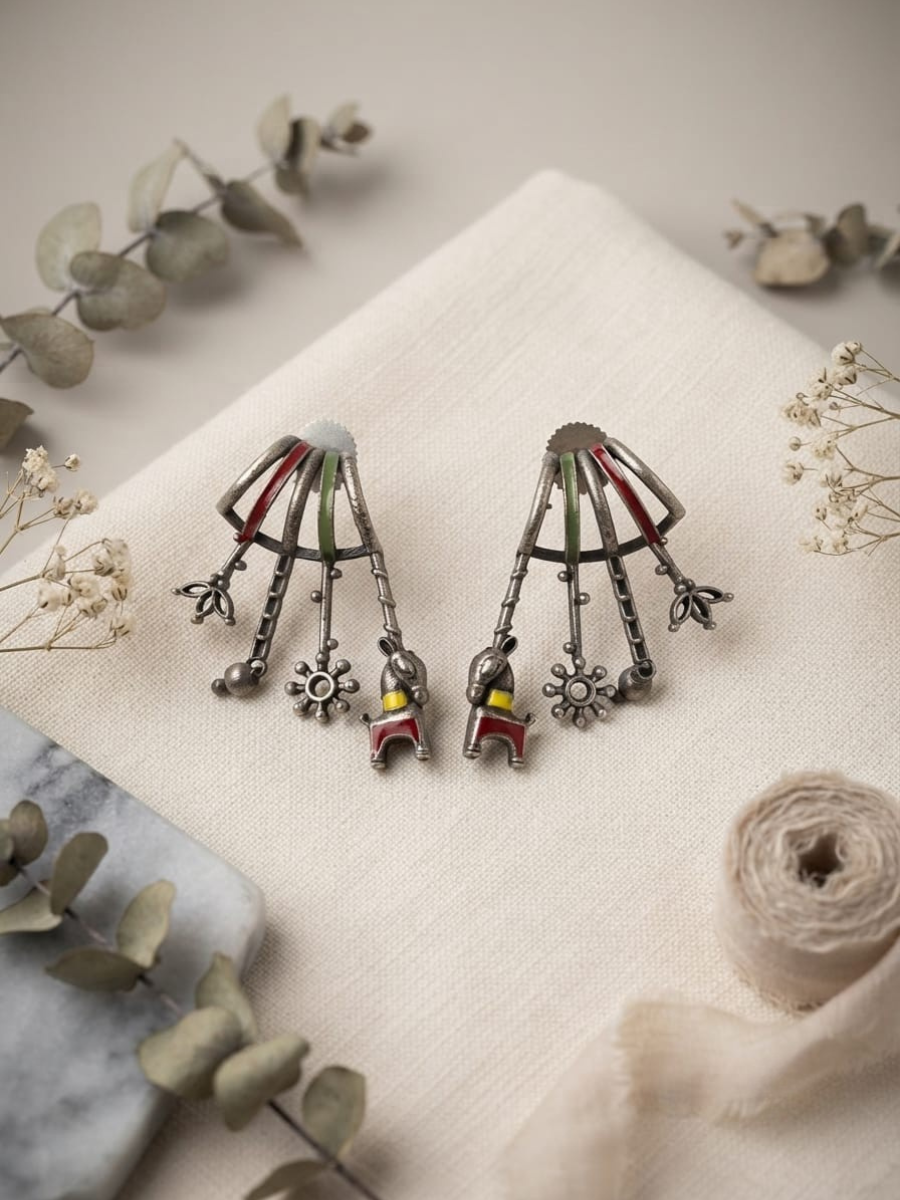 Tribal Themed Oxidised Silver Hanging Drop Earrings