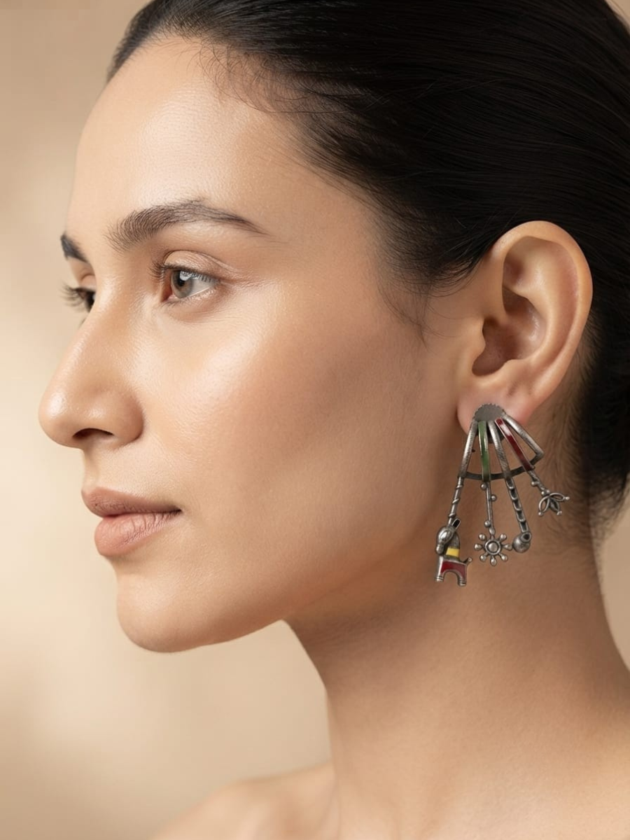Tribal Themed Oxidised Silver Hanging Drop Earrings