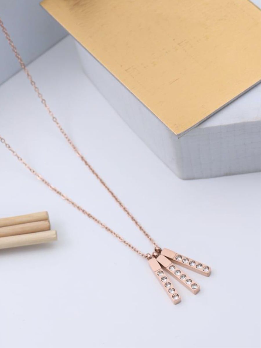 Triple Bars Diamond Pendant Rose Gold Chain Necklace