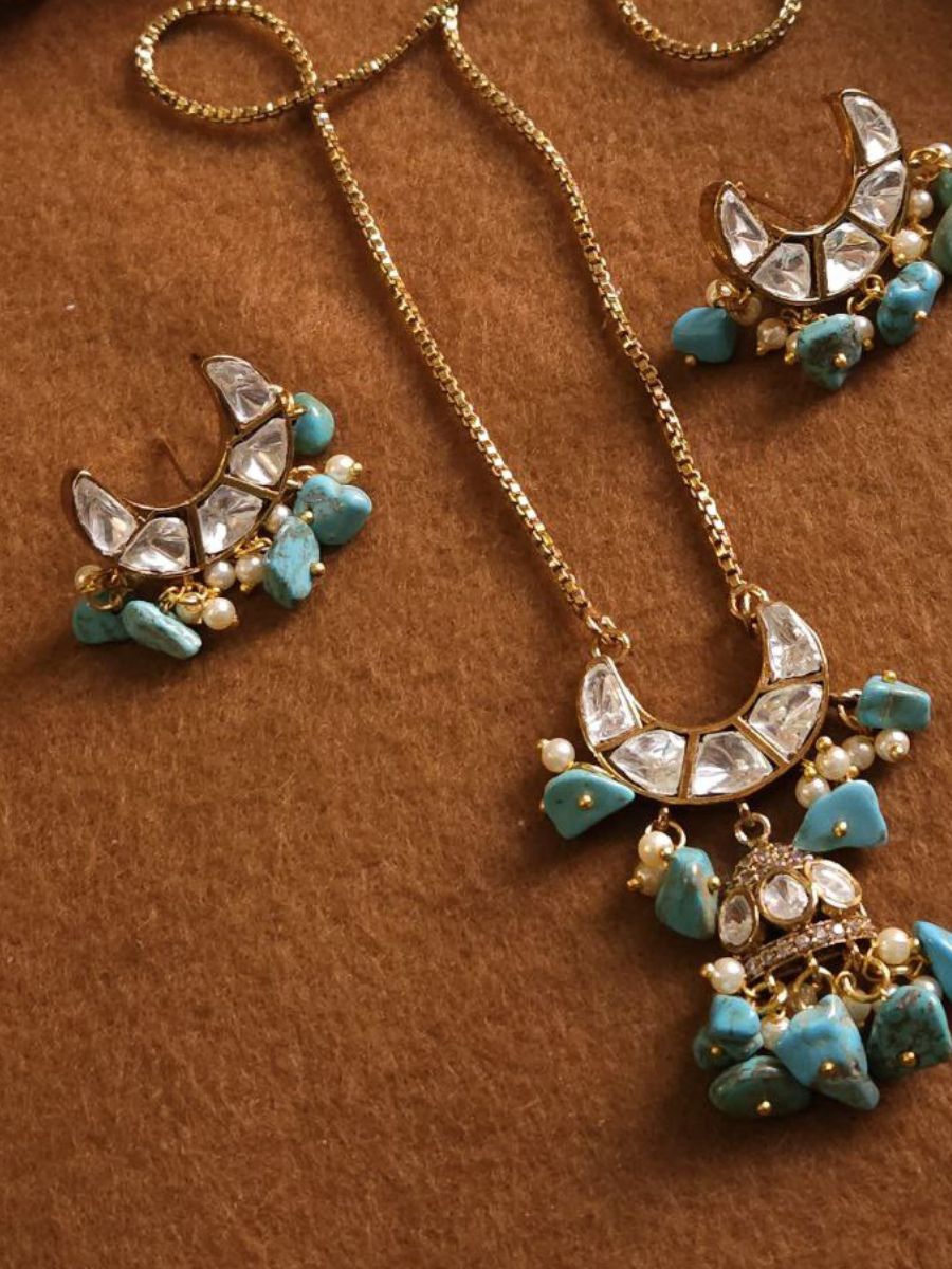 Turquoise Stones Polki Kundan Long Chain Necklace Set