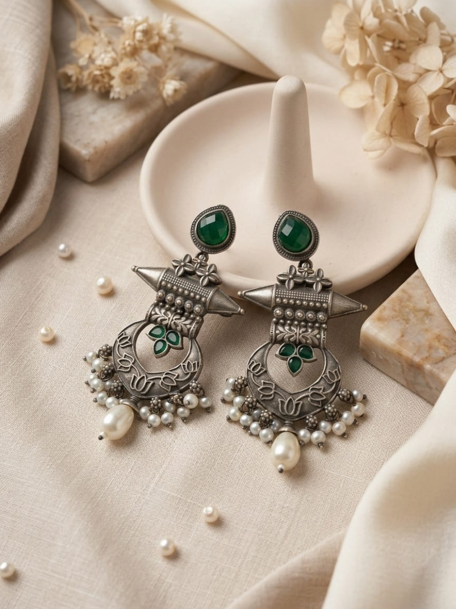 Oxidized silver green stone earrings