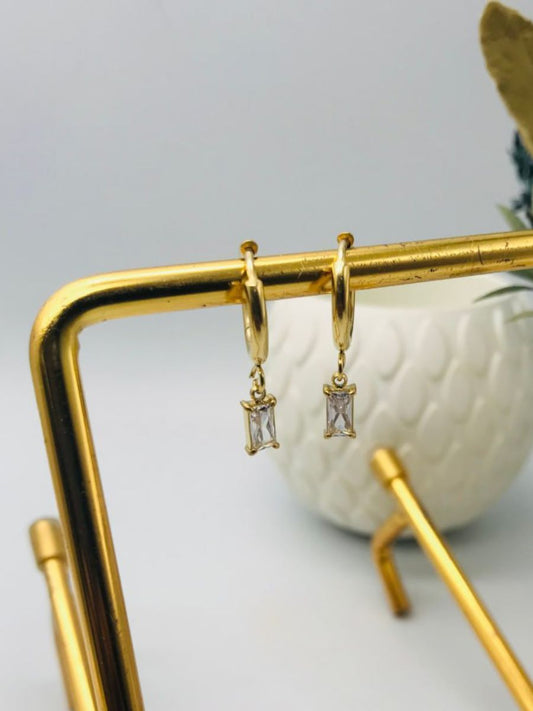 White Hanging Gemstone Golden Huggie Hoop Earrings
