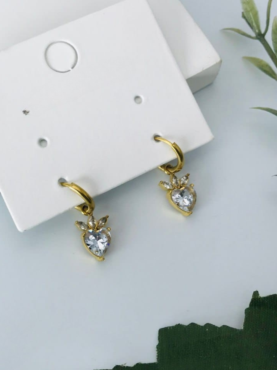 Buy White Heart Stone Drop Golden Plated Huggie Hoop Earrings Online - TheJewelbox