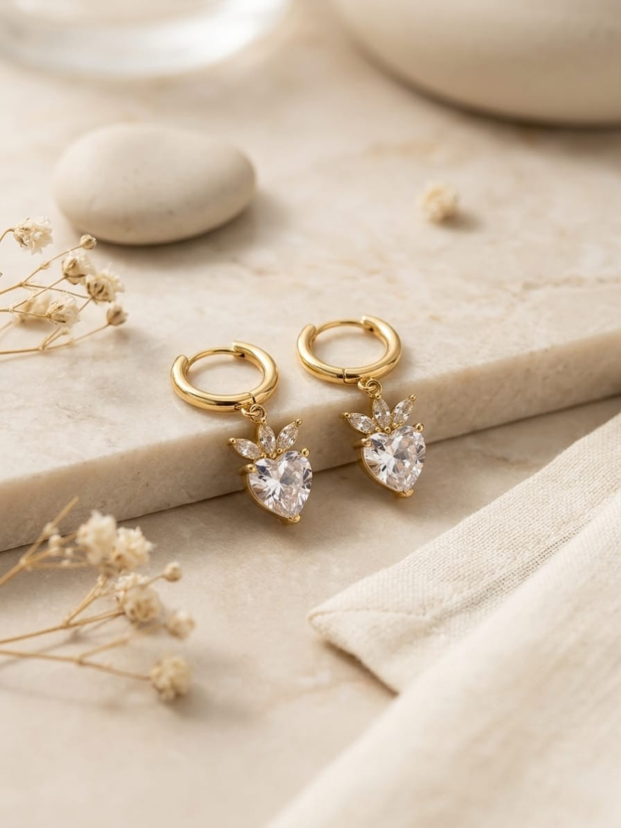 Buy White Heart Stone Drop Golden Plated Huggie Hoop Earrings Online in India
