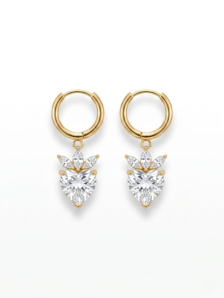 White Heart Stone Drop Golden Plated Huggie Hoop Earrings