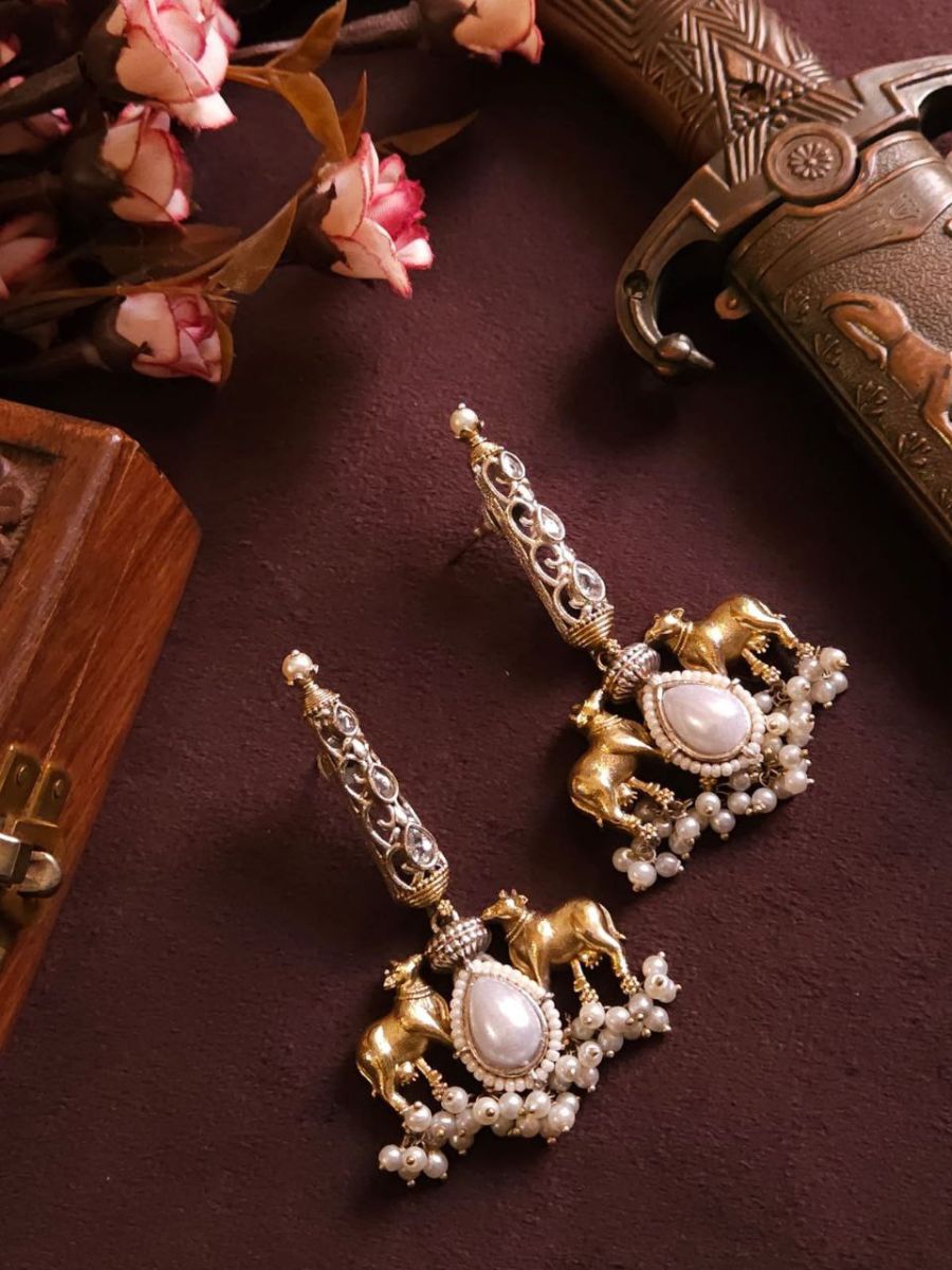 Buy White Pearl Studded Dual Tone Oxidised Drop Earrings - TheJewelbox