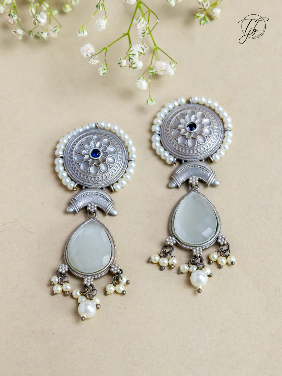 Buy White and Blue Stones German Silver Oxidised Dangler Earrings Online - TheJewelbox