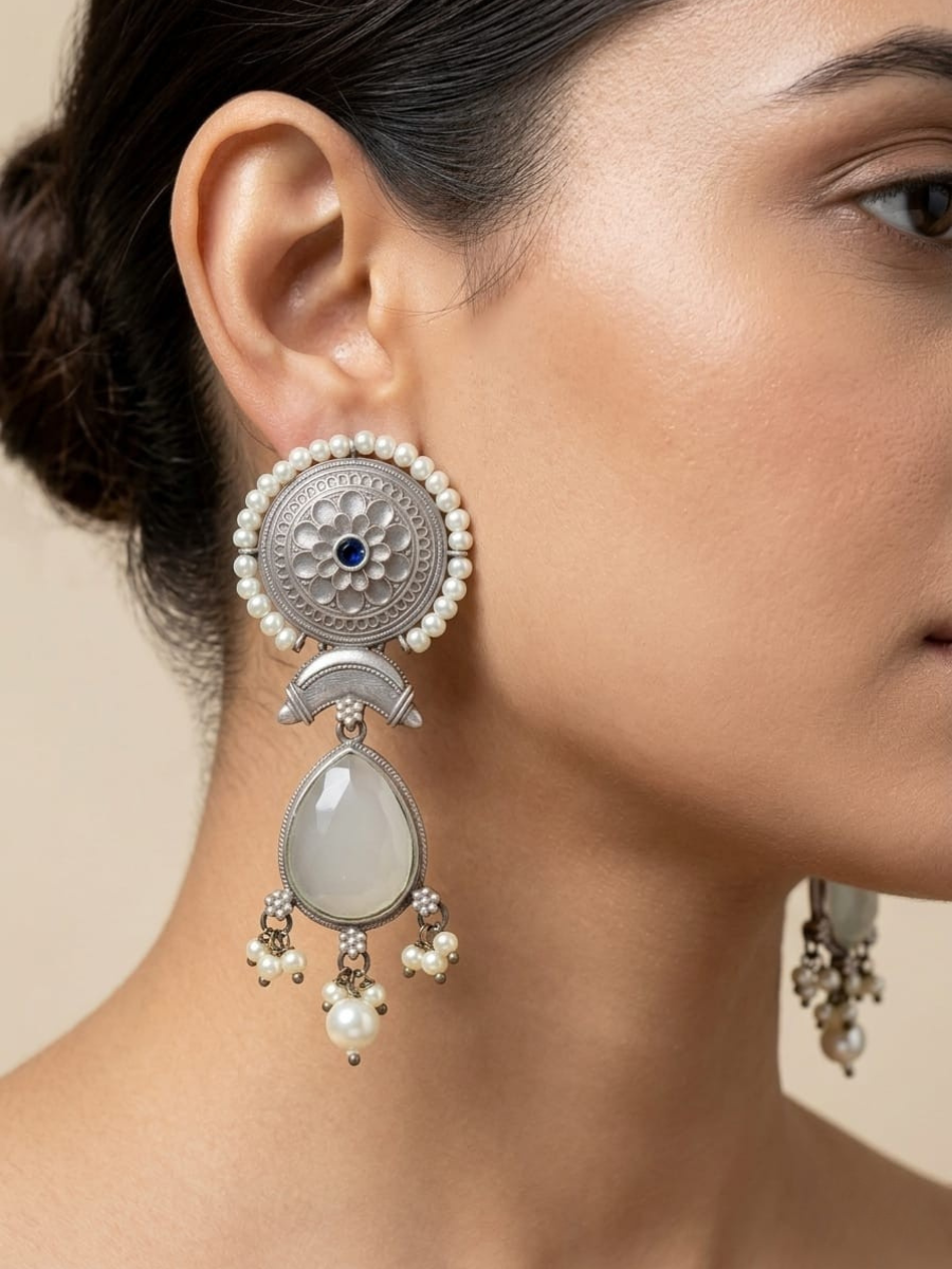 White and Blue Stones German Silver Oxidised Dangler Earrings