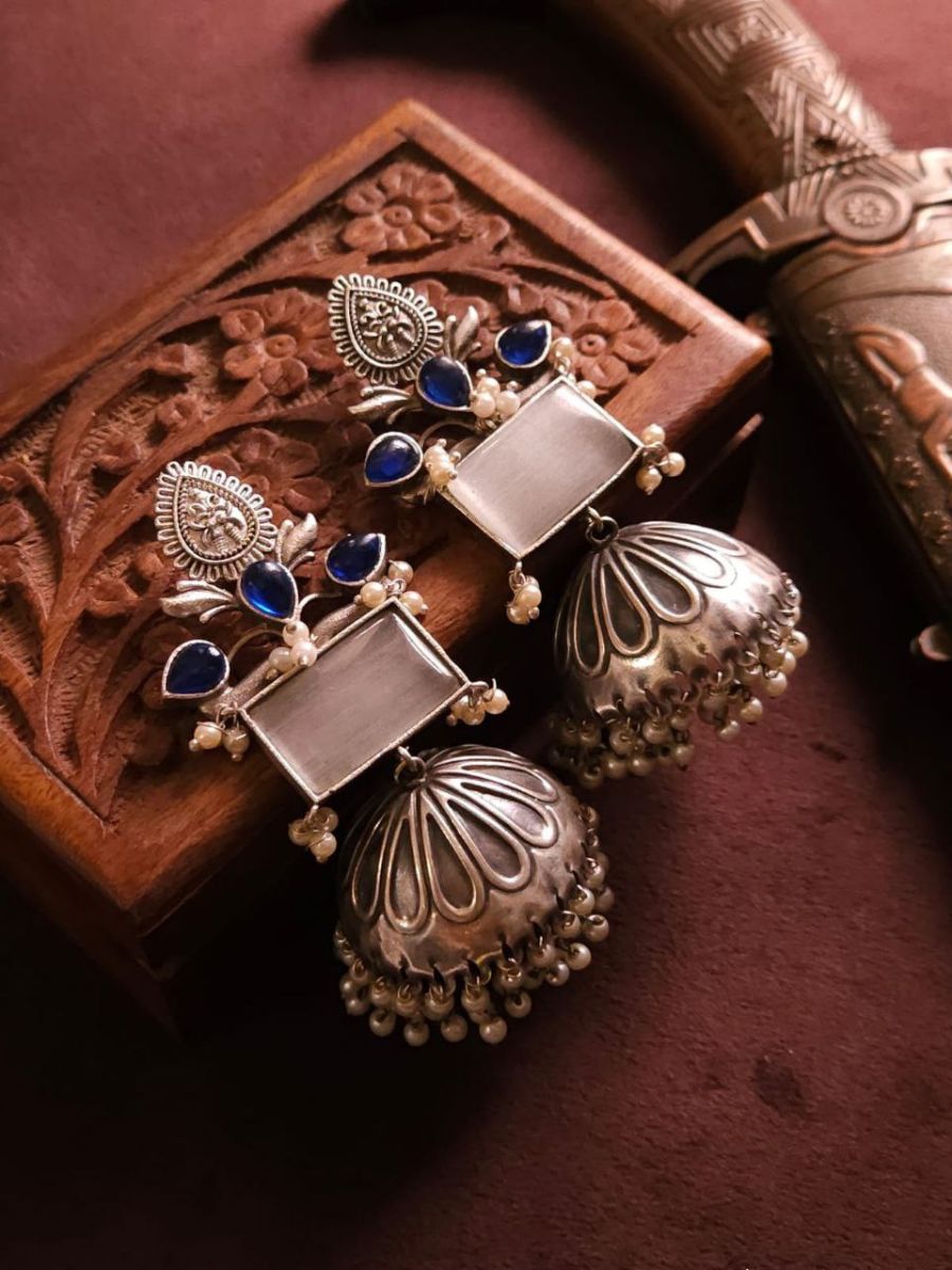 Buy White and Blue Stones German Silver Oxidised Jhumka Earrings - TheJewelbox