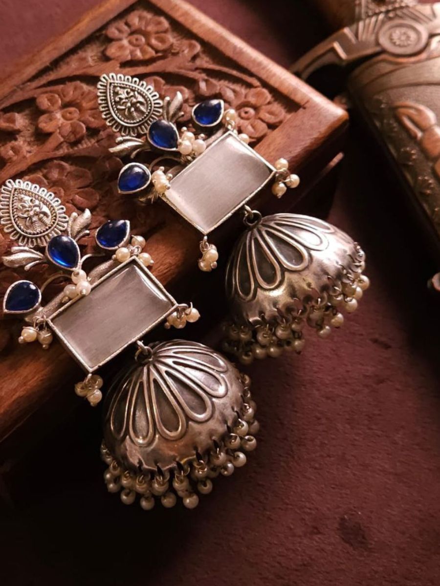 White and Blue Stones German Silver Oxidised Jhumka Earrings