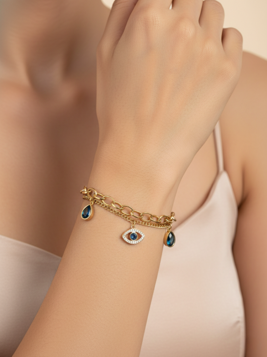 Women's Gold Plated Layered Evil Eye Charm Bracelet