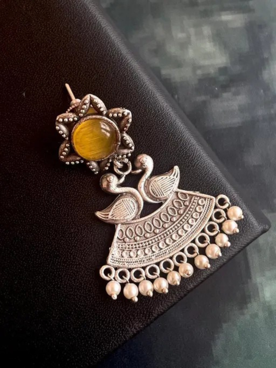 Yellow Monalisa Stone Oxidised Silver Chandbali Earrings