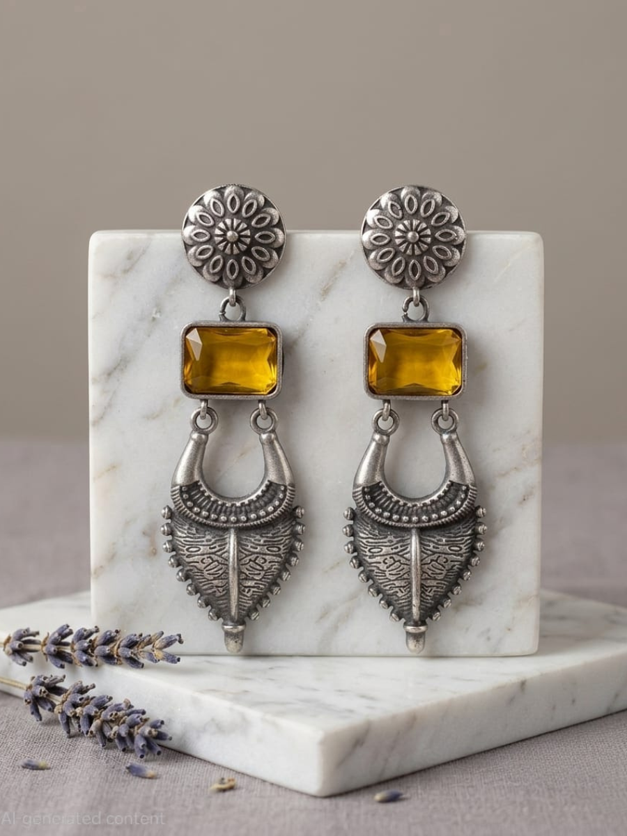 Yellow gemstone oxidised drop earrings