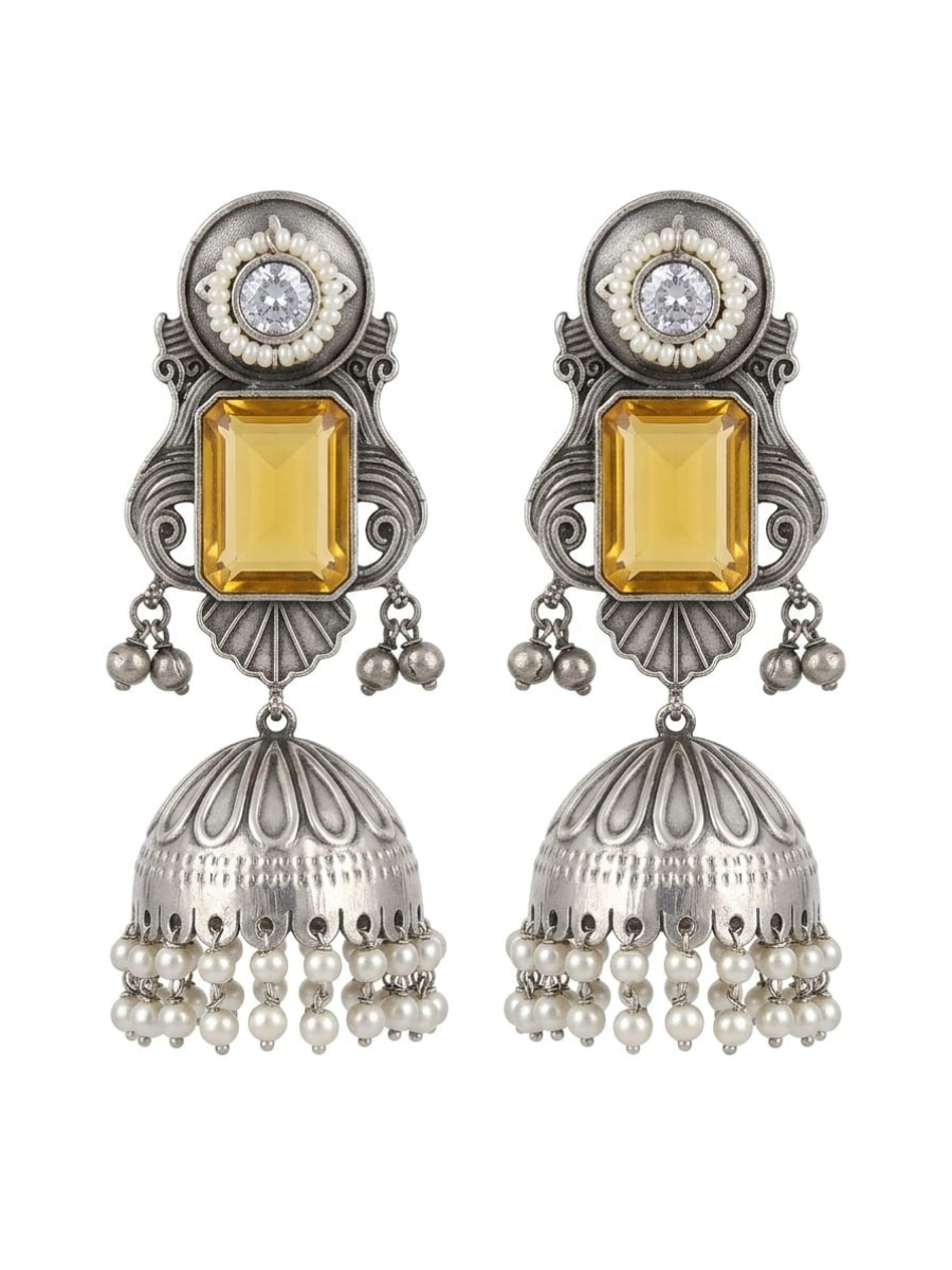 Yellow Stone Studded Big Oxidised Silver Jhumka Earrings