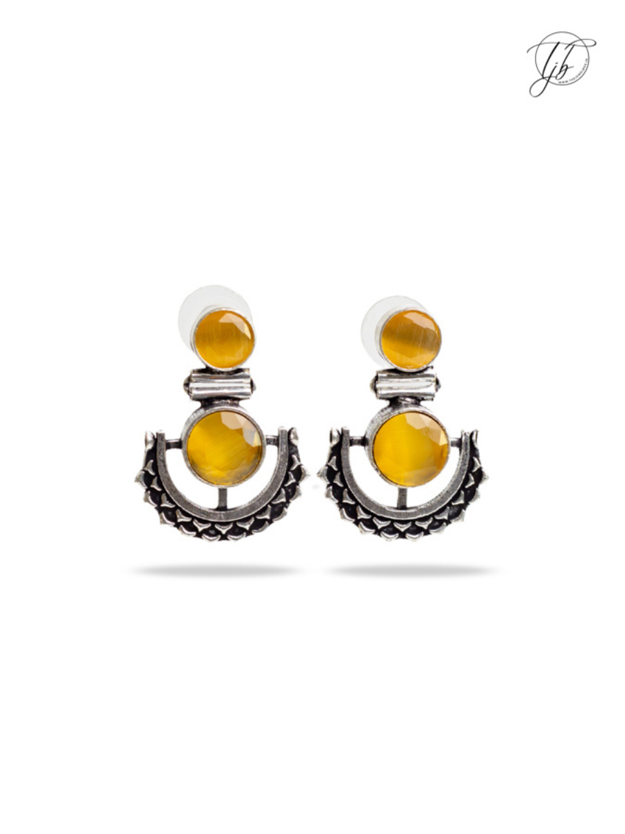 Yellow Stone Studded Oxidised Silver Dangler Earrings
