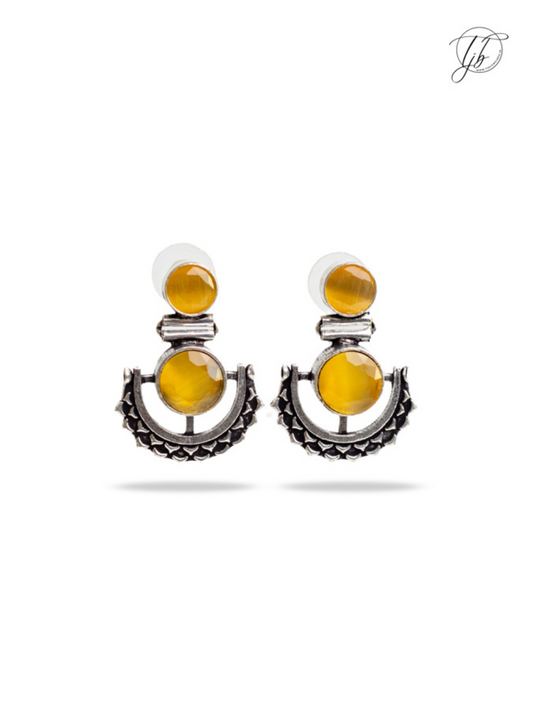 Yellow Stone Studded Oxidised Silver Dangler Earrings