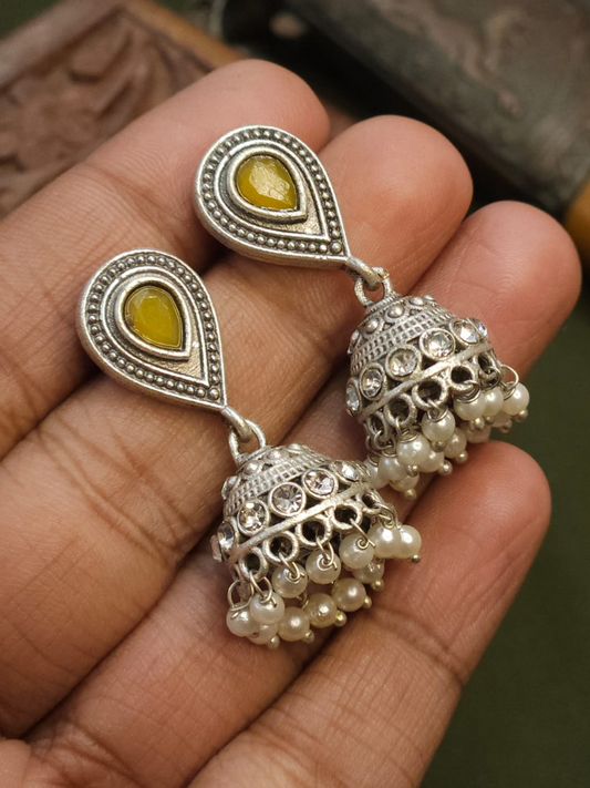 Yellow Stone Studded Oxidised Silver Small Jhumka Earrings