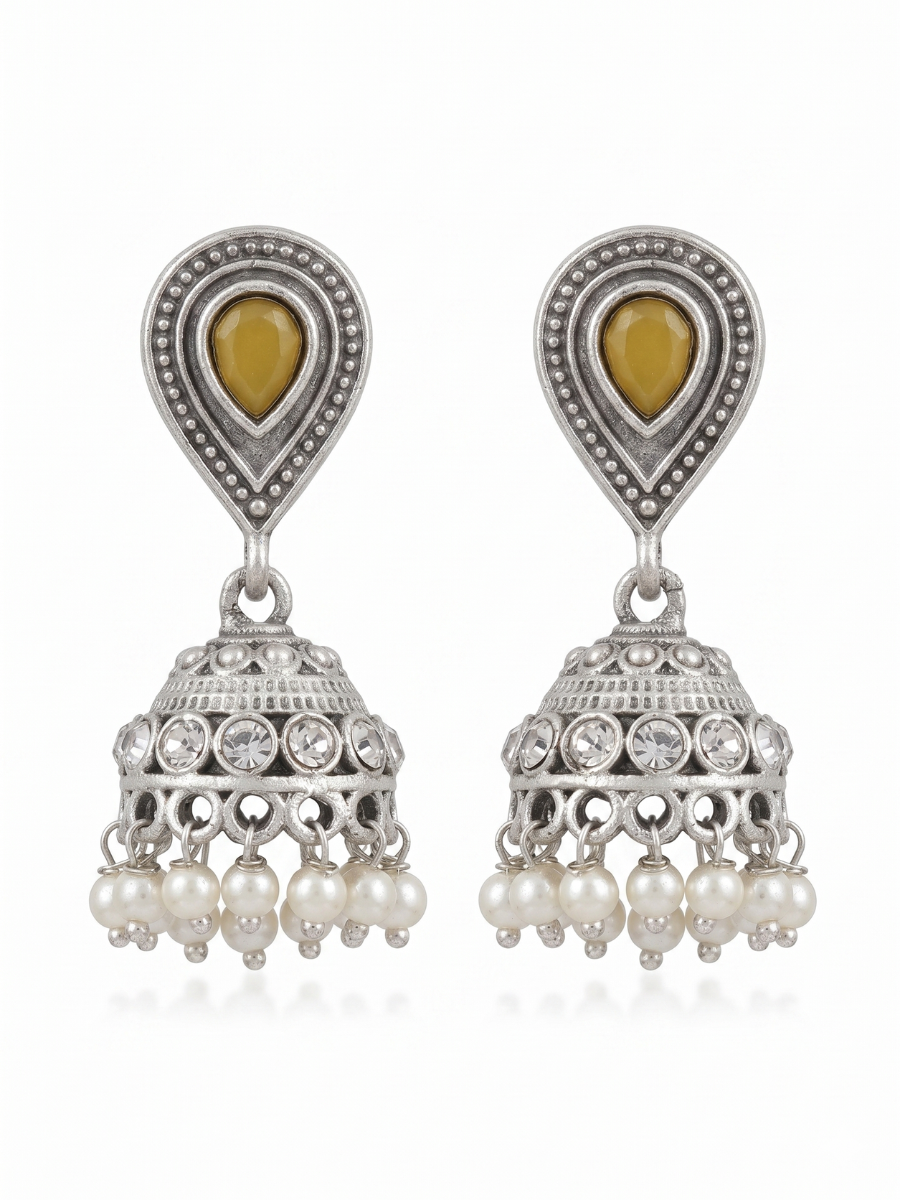 Yellow Stone Studded Oxidised Silver Small Jhumka Earrings