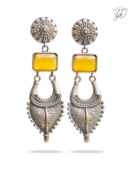 Yellow Stone Long German Silver Earrings