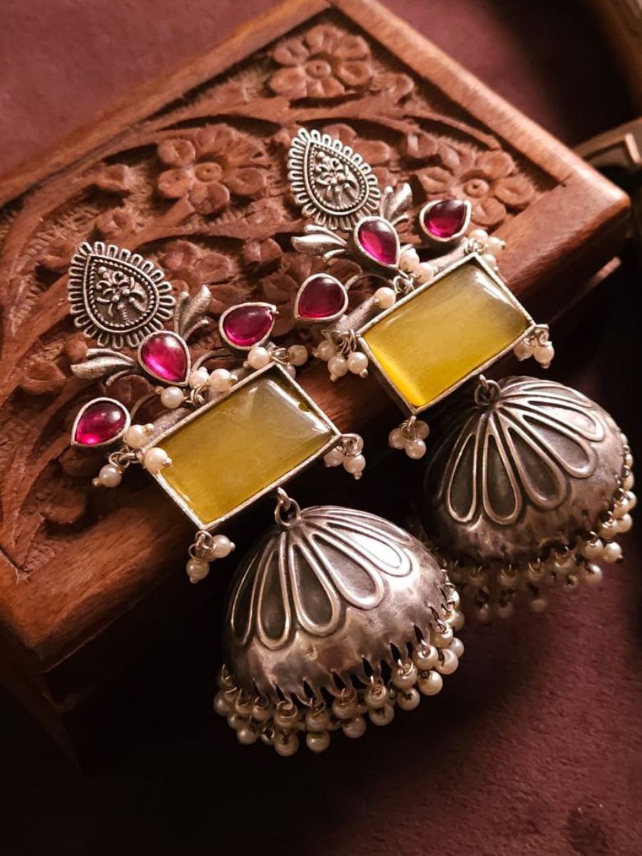 Yellow and Pink Stones German Silver Oxidised Jhumka Earrings